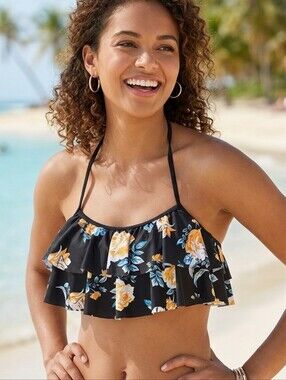 SHEKINI Floral Black/Yellow Bikini Top Size M‎